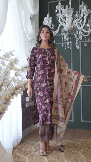 Elegant Wine Rayon Salwar Suit With Floral Prints & Mirror Thread Embellishments