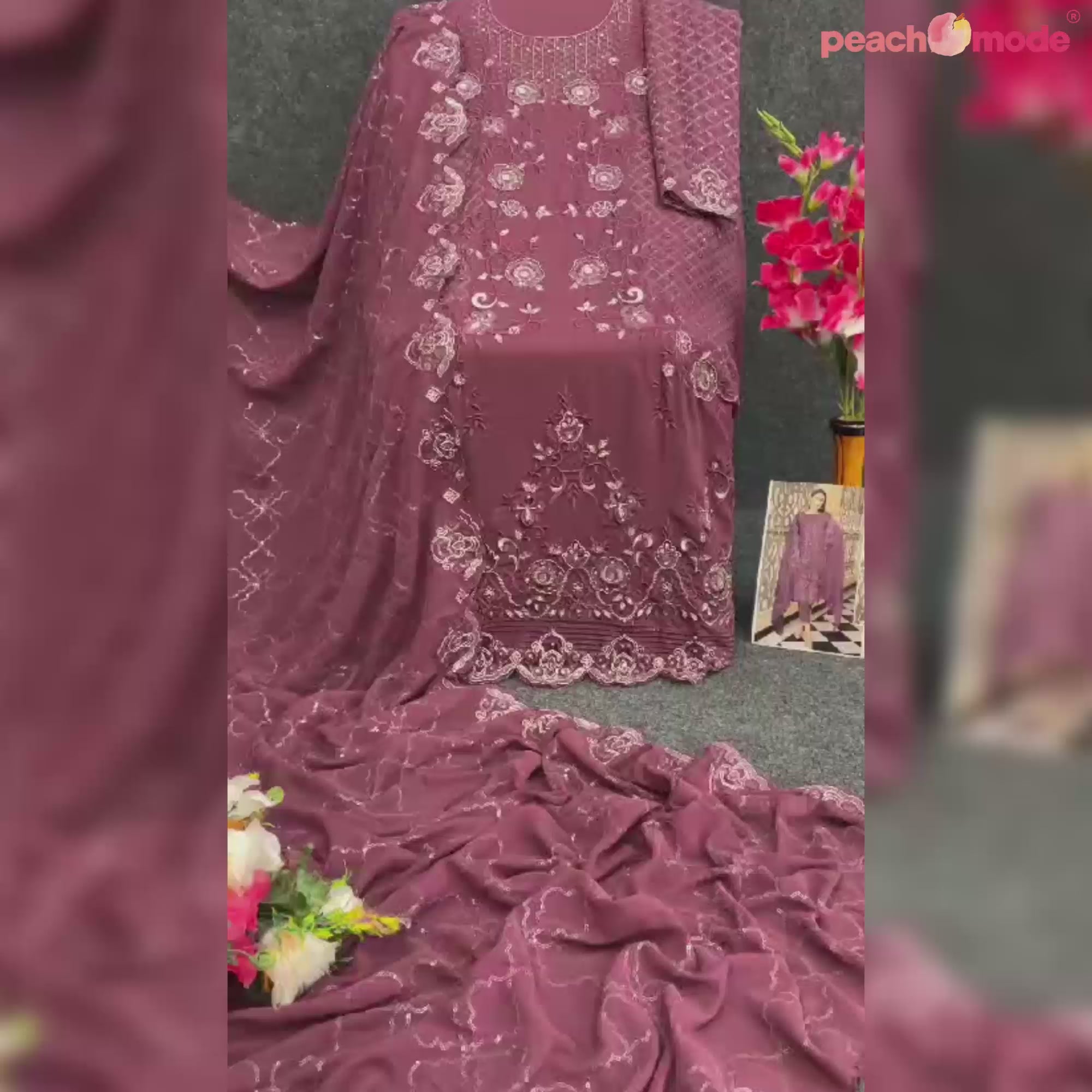 Dark Mauve Floral Embroidered Georgette Semi Stitched Pakistani Suit