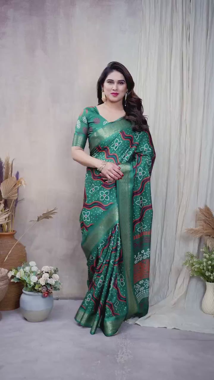 Peachmode Green Cotton Silk Bandhej Print Saree with Zari Border - Video 3