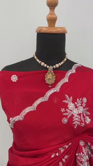 Red Chinon Saree Adorned With Zari Floral Embroidery & Gleaming Sequins Work