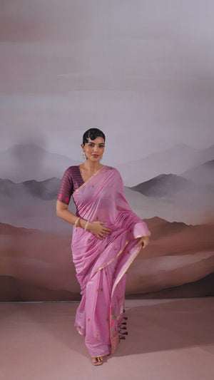 Trendy Pink Cotton Blend Weaving Saree Showcasing Floral & Animal Motif & Classic Tassel Pallu
