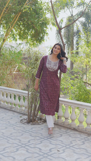 Maroon Bandhani With Embroidered Rayon Straight Kurti