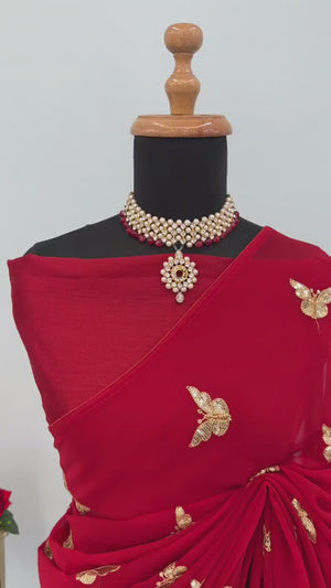 Red Embroidered Georgette Saree With Shimmering Butterfly Sequin Work