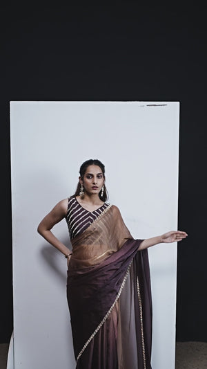 Stunning Wine & Brown Satin Silk Ombre Saree Adorned With Sparkling Stone Work Border