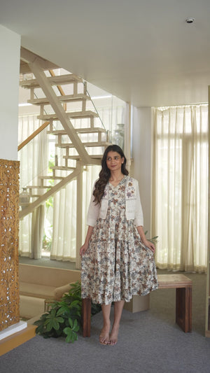 Chikoo Floral Pure Cotton Midi Kurti Dress with Complementing Overlay Jacket