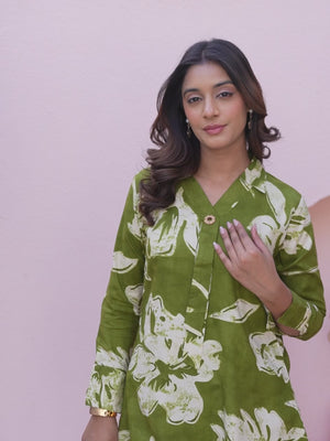 Graceful Green Rayon Straight Top With A Charming Floral Print