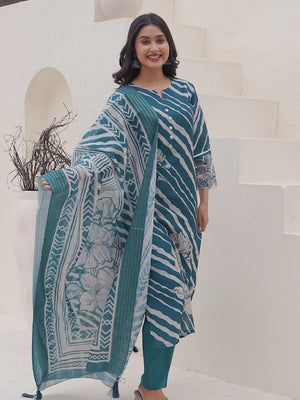 Modern Teal Linen Suit with Artistic Floral Print and Stone Accents