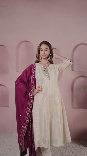 Embroidered Off White Salwar Suit in Pure Viscose with Shimmering Beads Highlights