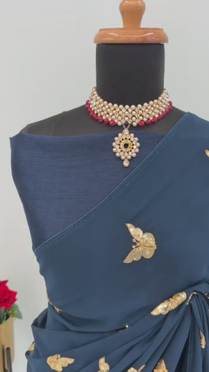Blue Embroidered Georgette Saree With Shimmering Butterfly Sequin Work