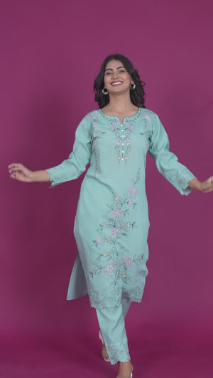 Pista Green Floral Embroidered Chanderi Top Bottom Set