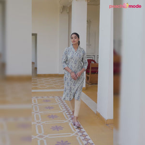 Blue Floral Printed Rayon Straight Kurti