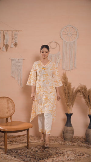 White & Mustard Floral Printed Pure Cotton A-Line Top Bottom Set