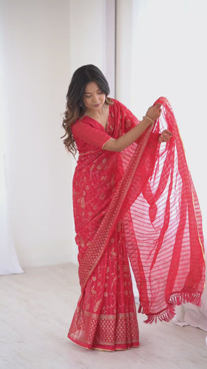 Red Georgette Saree with Shimmering Foil Print & Gota Patti Border