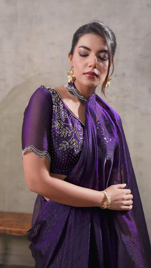 Violet Solid Chiffon Saree With Sparkling Zarkan Border & Latkan Pallu