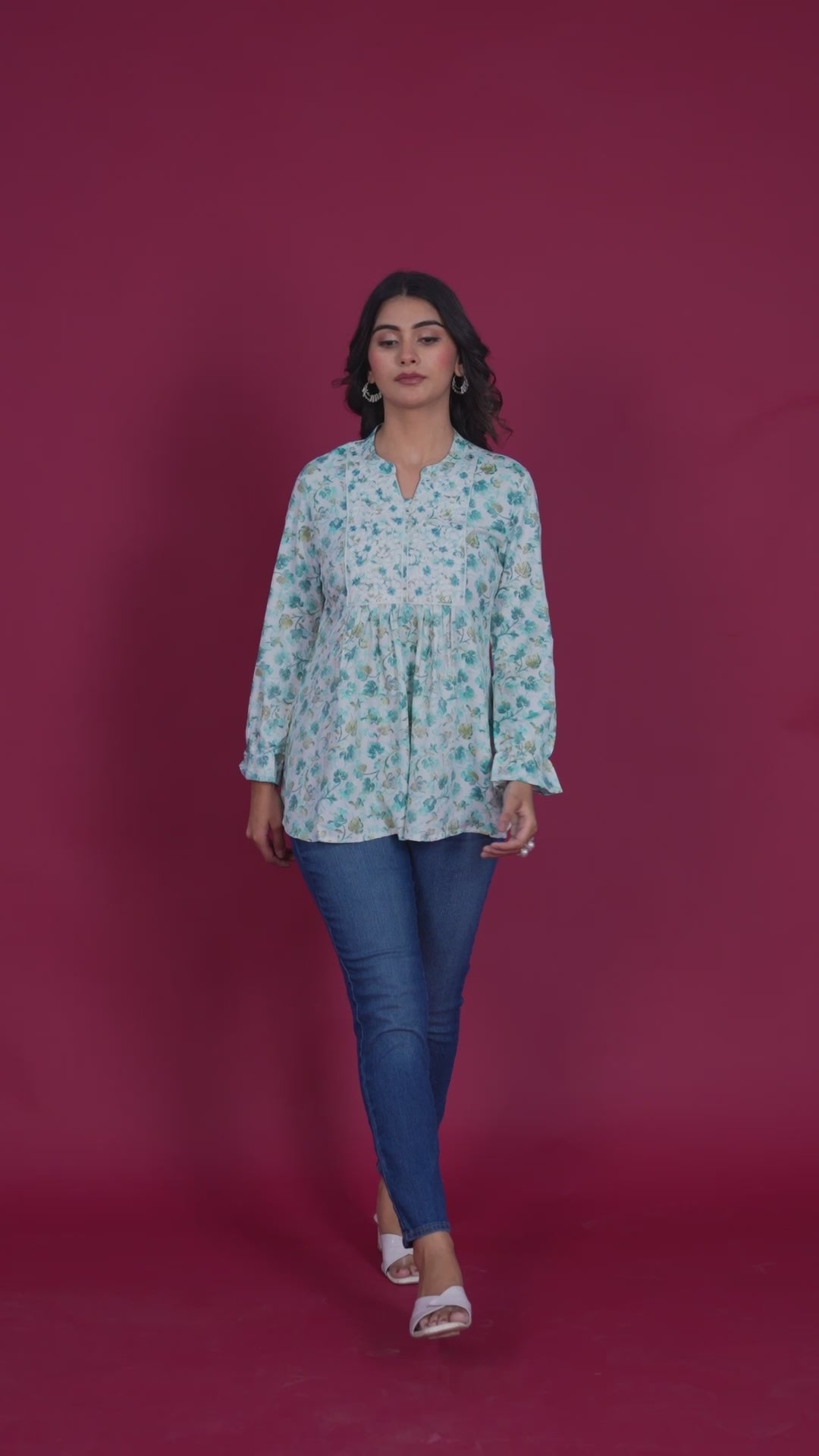 Turquoise Floral Printed Pure Cotton Chikankari Top