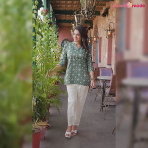 Sea Green Floral Printed Rayon Straight Top