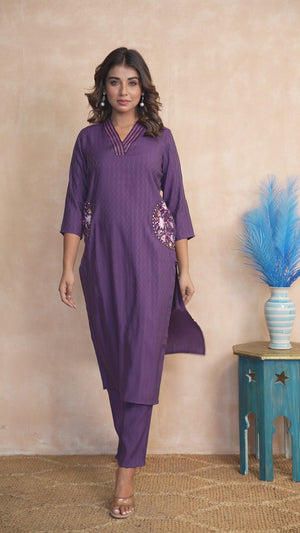 Elegant Wine Floral Straight Co-Ord Set In Poly Viscose With Sparkling Sequin Embroidery