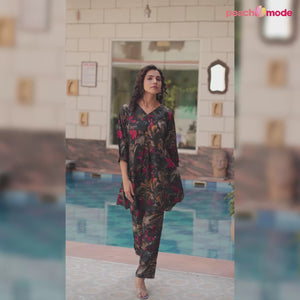 Black Floral Printed Chanderi Silk Co Ord Set