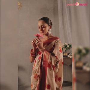 Beige Floral Printed Tussar Silk Saree