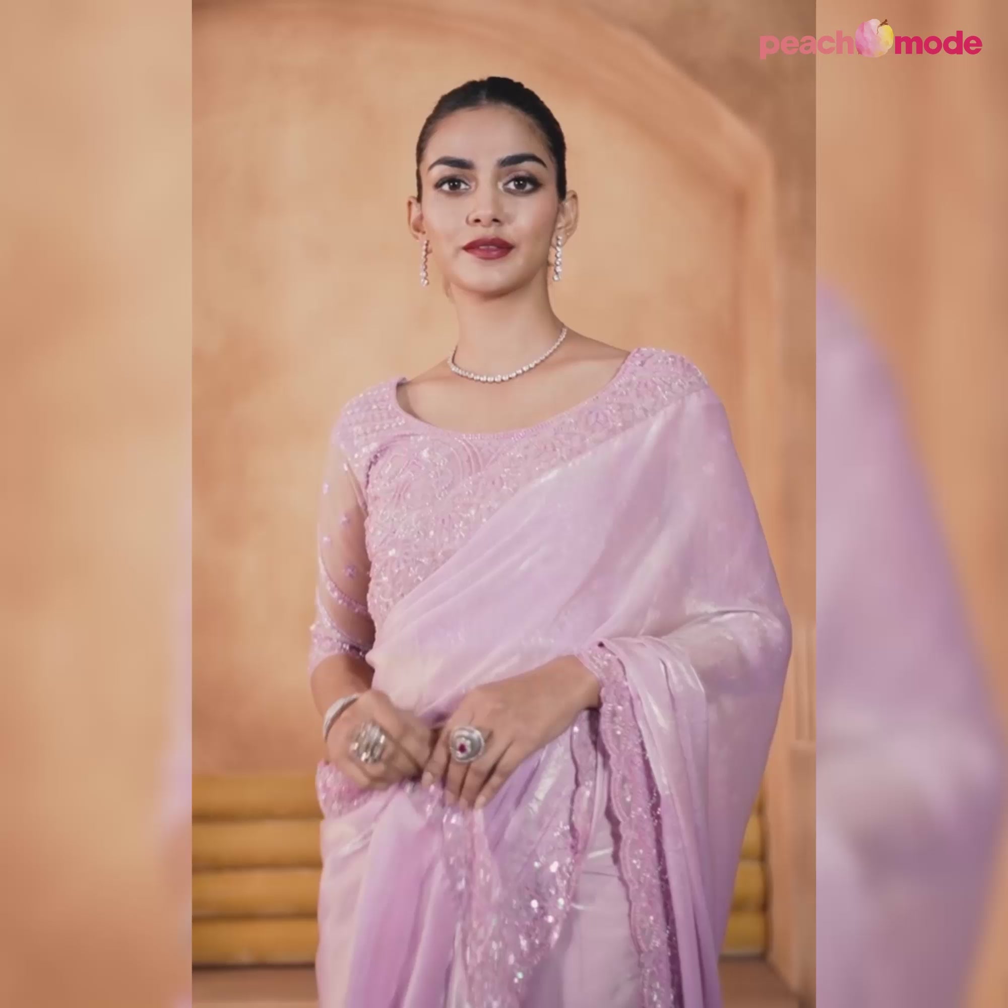 Light Pink Sequins Embroidered Satin Silk Saree
