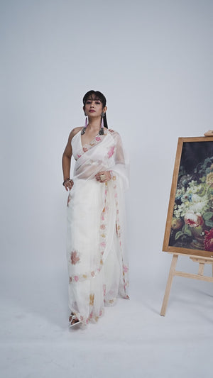 White Floral Hand Printed Organza Tissue Saree with Hand Stone Embellishment