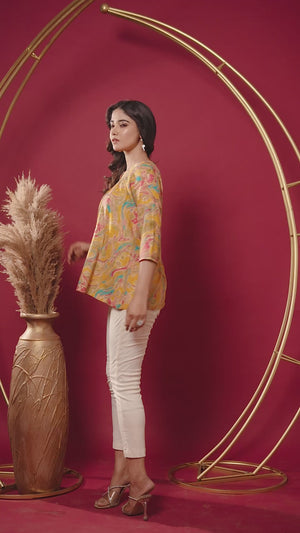 Mustard Abstract Printed Rayon Tunic Top
