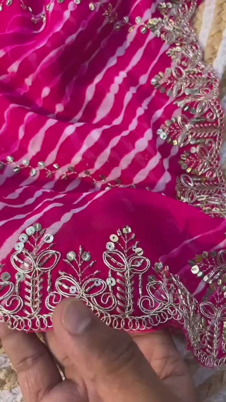 Peachmode Pink Georgette Leheriya Saree with Beads Cutwork Border - Video 2