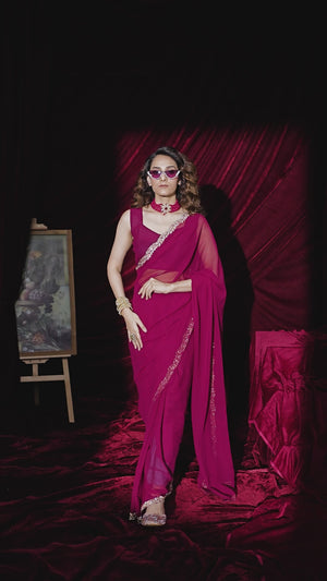 Glamorous Magenta Solid Georgette Saree Featuring Embellished Stone Border Work