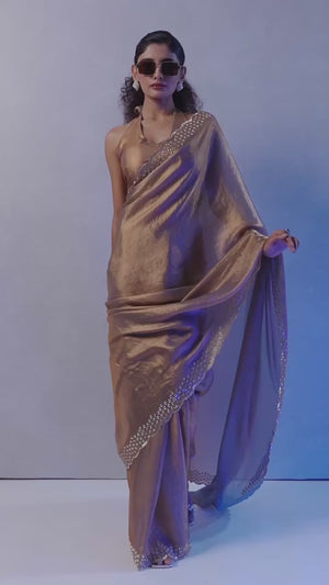 Shimmery Brown Satin Saree with Glamorous Stone Embellishment