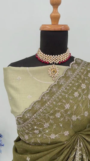 Mehendi Green Silk Blend Crush Saree Adorned With Floral Thread Embroidery & Sequins