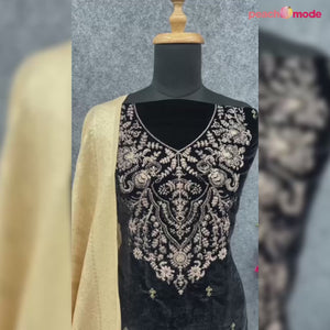 Black Floral Embroidered Velvet Semi Stitched Suit