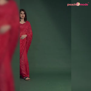 Red Floral Embroidered Georgette Saree