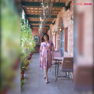 Pink Floral Foil Printed Chiffon A-Line Dress