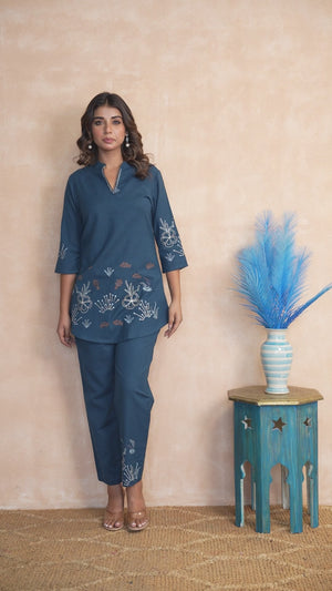 Navy Blue Pure Cotton Co-Ord Set with Detailed Handcrafted Embroidery Accents