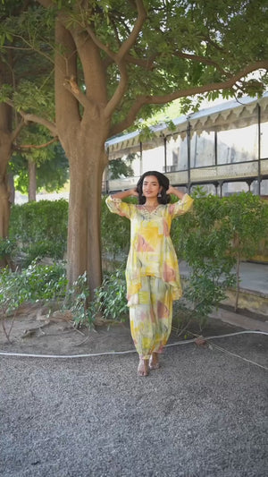Cream & Yellow Printed With Embroidered Pure Chinon A-Line Co-Ord Set