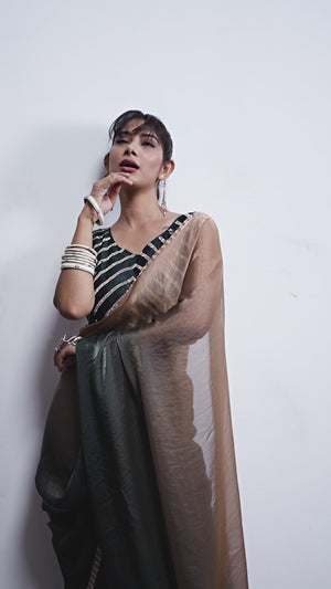 Stunning Teal & Brown Satin Silk Ombre Saree Adorned With Sparkling Stone Work Border