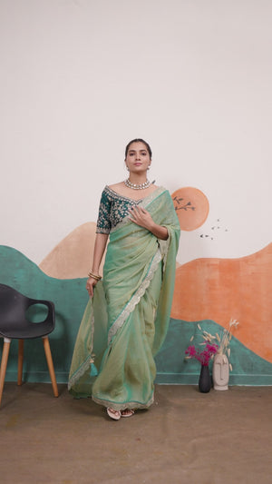 Sophisticated Sea Green Solid Moss Orgnaza Saree With Intricate Cording Sequins Embroidery Border