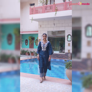 Blue Floral Embroidered Chanderi Silk Kurti Sets