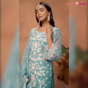 Blue Floral Sequins Embroidered Organza Semi Stitched Salwar Suit