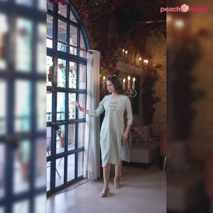 Sea Green Striped Embroidered Rayon Straight Kurti