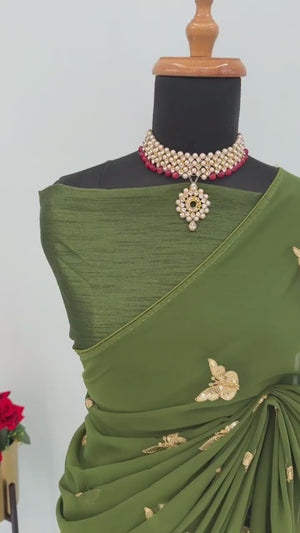 Mehendi Green Embroidered Georgette Saree With Shimmering Butterfly Sequin Work