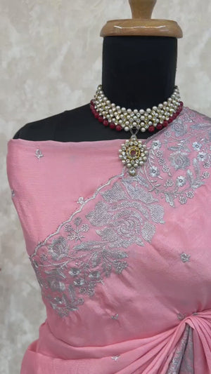 Graceful Baby Pink Chinon Chiffon Saree With Intricate Floral Zari Embroidery
