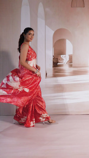 Luxury Crimson Red Abstract & Floral Prism Print Modal Satin Saree Featuring Artistic Work