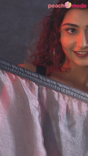 Grey & Teal Ombre Satin Saree in Solid Finish with Ready-to-Wear Silhouette