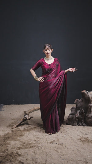 Opulent Maroon Stone Work Satin Silk Saree With Hand Cut Dana & Sequin Applic Work