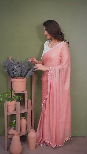 Peach Zari Woven Satin Saree With Pompom Border