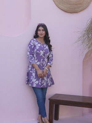 Purple Floral Printed Pure Cotton A-Line Top