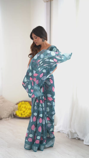 Teal Linen Saree With Graceful All Over Leaf Pattern