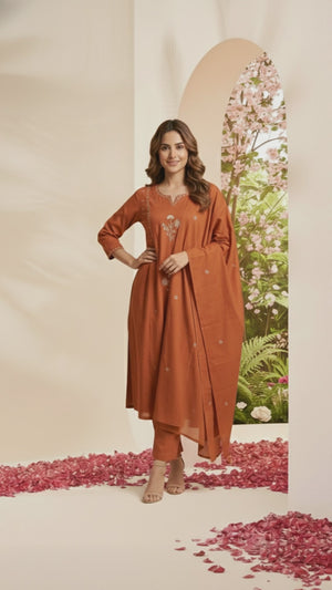 Rust Floral Embroidered Pure Cotton Salwar Suit with Flattering A-Line Fit
