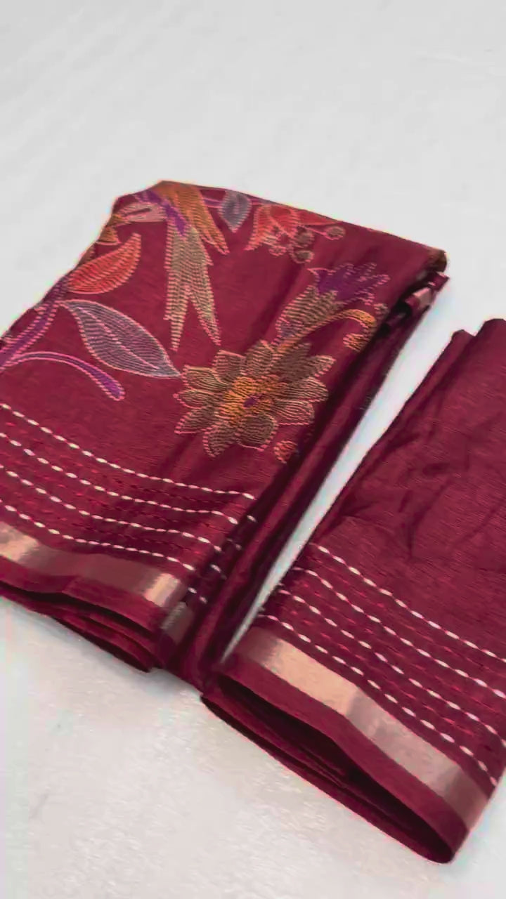 Peachmode Red Cotton Crape Saree with Katha Thread Work - Video 2